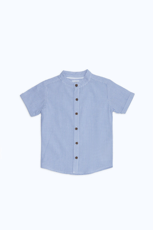 Redtag-Boys-White-Stripe-Henley-Dobby-Ss-Shirt-Category:Shirts,-Colour:White,-Deals:New-In,-Dept:Boys,-Filter:Infant-Boys-(3-to-24-Mths),-H1:KWR,-H2:INB,-H3:SHI,-H4:CSH,-INB-Shirts,-New-In-INB-APL,-Non-Sale,-S23B,-Season:S23B,-Section:Boys-(0-to-14Yrs)-Infant-Boys-3 to 24 Months