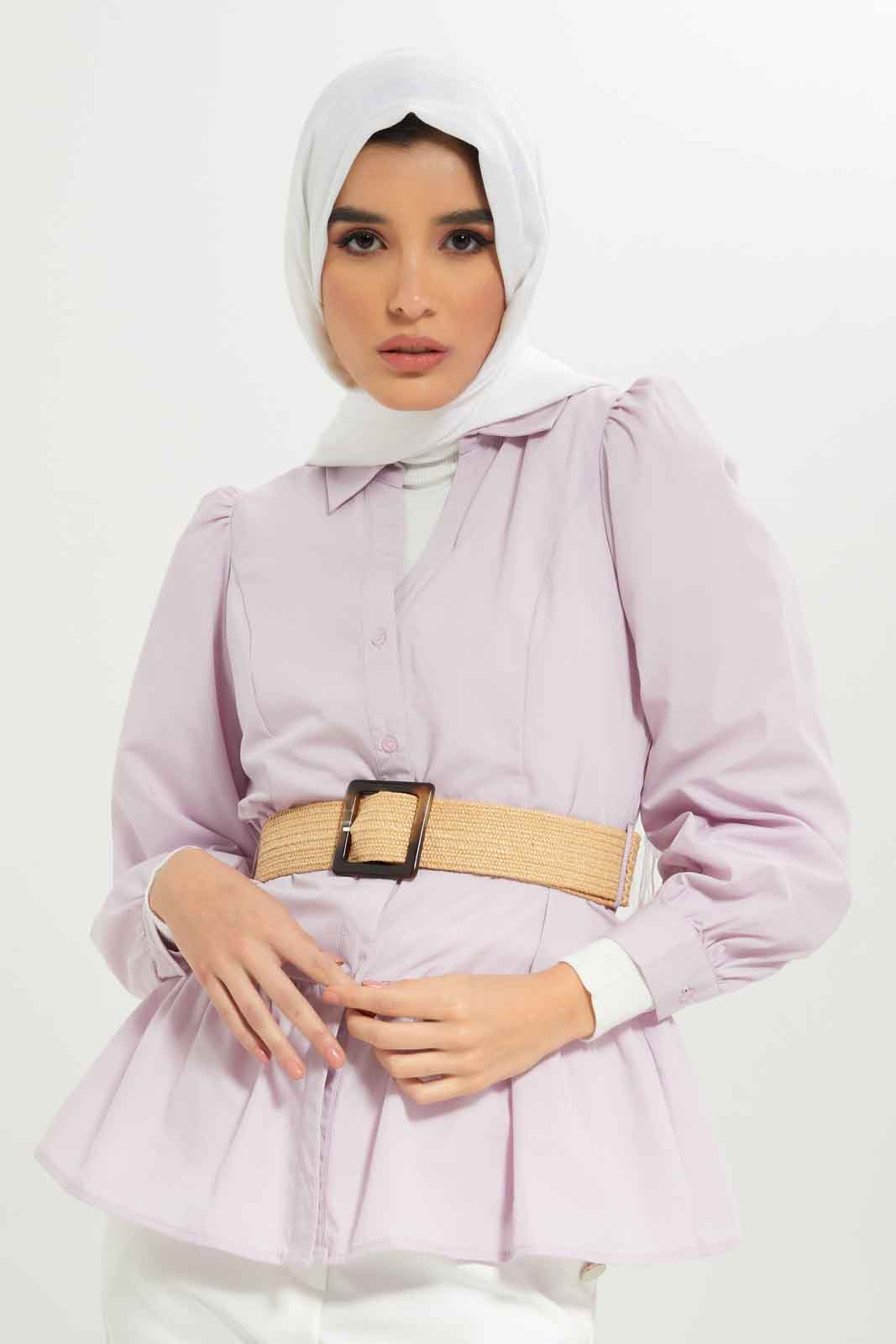 Redtag-Women-Collared-Longsleeve-Belted-Blouse-Category:Blouses,-Colour:Lavender,-Deals:New-In,-Dept:Ladieswear,-Filter:Women's-Clothing,-LMC,-New-In-Women-APL,-Non-Sale,-S23A,-Section:Women,-Women-Blouses--