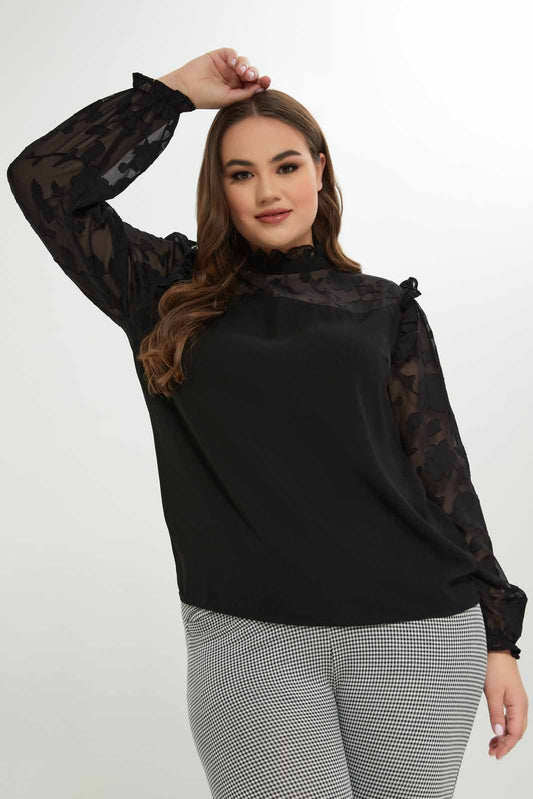 Redtag-Women-Black-Jacquard-Yoke-&-Sleeve-Detail-Blouse-Category:Blouses,-Colour:Black,-Deals:New-In,-Dept:Ladieswear,-Filter:Plus-Size,-LDP-Blouses,-New-In-LDP-APL,-Non-Sale,-S23A,-Section:Women-Women's-