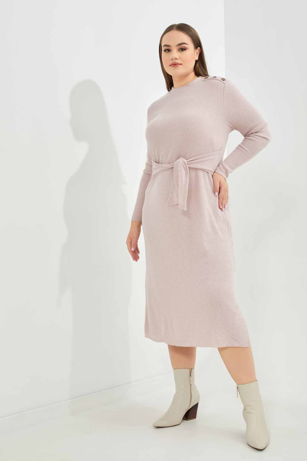 Redtag-Women-Pale-Pink-Knitted-Dress-Self-Tie-Belt-At-Waist-Category:Dresses,-Colour:Apricot,-Deals:New-In,-Dept:Ladieswear,-Filter:Plus-Size,-LDP-Dresses,-New-In-LDP-APL,-Non-Sale,-S23A,-Section:Women-Women's-