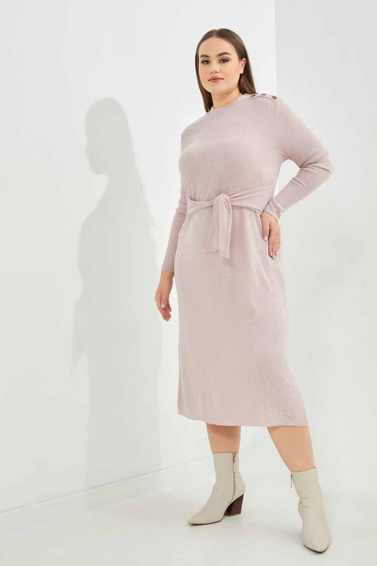 Redtag-Women-Pale-Pink-Knitted-Dress-Self-Tie-Belt-At-Waist-Category:Dresses,-Colour:Apricot,-Deals:New-In,-Dept:Ladieswear,-Filter:Plus-Size,-LDP-Dresses,-New-In-LDP-APL,-Non-Sale,-S23A,-Section:Women-Women's-