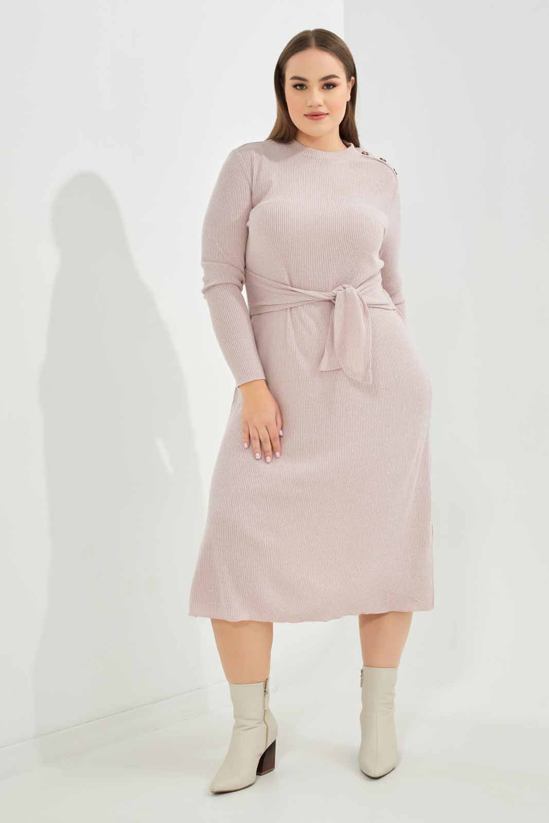 Redtag-Women-Pale-Pink-Knitted-Dress-Self-Tie-Belt-At-Waist-Category:Dresses,-Colour:Apricot,-Deals:New-In,-Dept:Ladieswear,-Filter:Plus-Size,-LDP-Dresses,-New-In-LDP-APL,-Non-Sale,-S23A,-Section:Women-Women's-