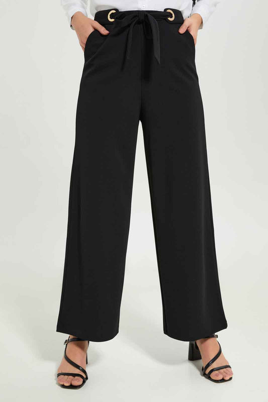 Redtag-Women-Black-Wide-Leg-Pants-With-Metal-Rings-And-Tie-Up-Belt-At-Waist-Category:Trousers,-Colour:Black,-Deals:New-In,-Dept:Ladieswear,-Filter:Women's-Clothing,-LMC,-New-In-Women-APL,-Non-Sale,-S23A,-Section:Women,-Women-Trousers--