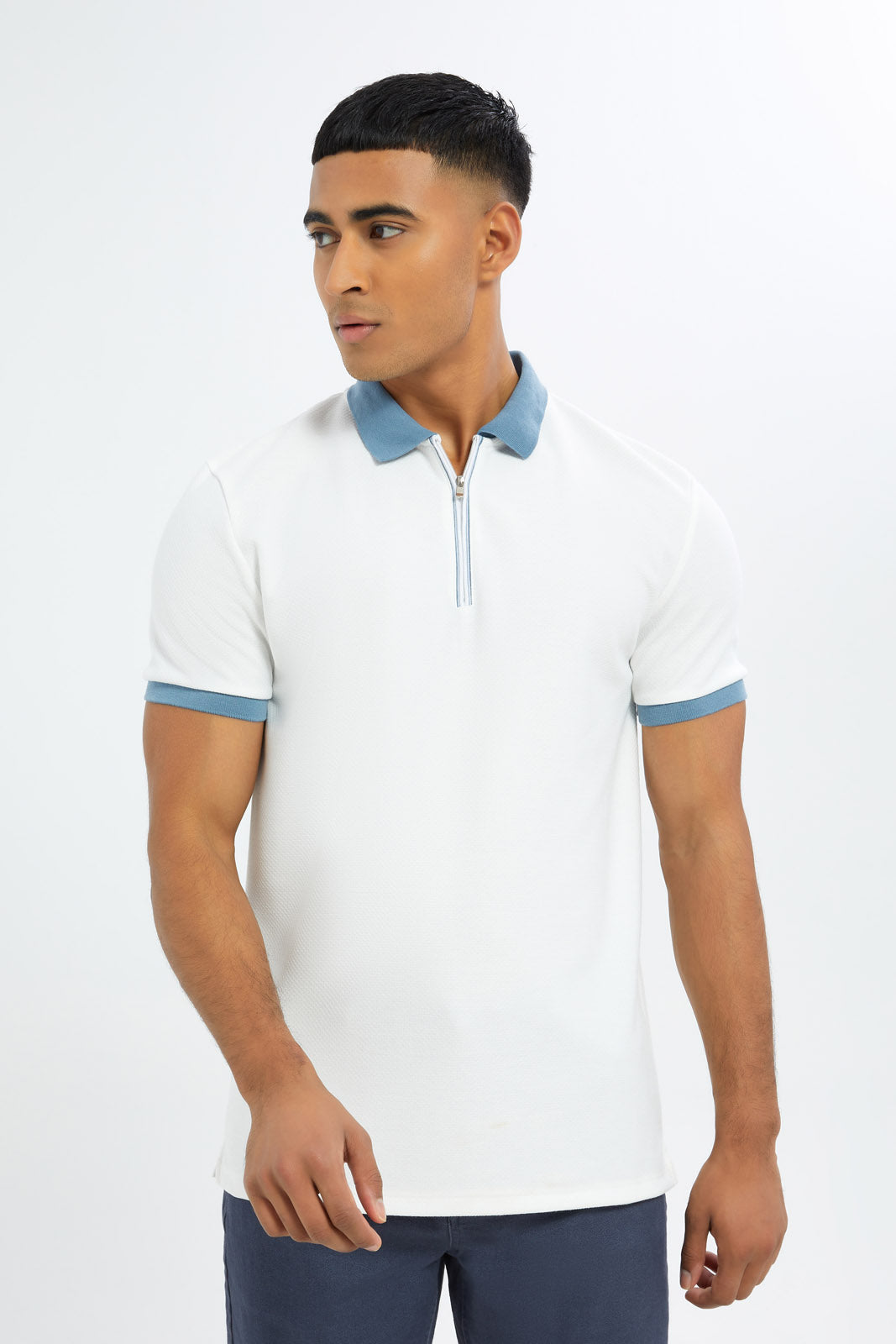 Redtag-Men-White-Jacquard-Zip-Placket-Polo-Shirt-Category:Polo-T-Shirts,-Colour:White,-Deals:New-In,-Dept:Menswear,-Filter:Men's-Clothing,-H1:MWR,-H2:GEN,-H3:TSH,-H4:POS,-Men-Polo-T-Shirts,-New-In-Men-APL,-Non-Sale,-RMD,-S23C,-Season:S23C,-Section:Men-Men's-