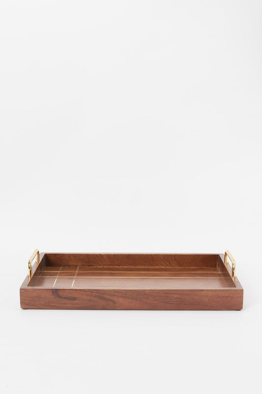 Redtag-Brown-Wooden-Rectangular-Tray-With-Brass-Wire-Embellishment-With-Gold-Aluminum-Handles-(Large)-Category:Trays,-Colour:Brown,-Deals:New-In,-Dept:Home,-Filter:Home-Dining,-H1:HMW,-H2:DIN,-H3:SEW,-H4:SSI,-HMW-DIN-Serveware,-New-In-HMW-DIN,-Non-Sale,-S23B,-Season:S23B,-Section:Homewares-Home-Dining-