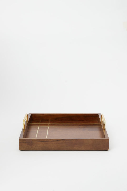 Redtag-Brown-Wooden-Square-Tray-With-Brass-Wire-Embellishment-With-Gold-Aluminum-Handles-Category:Trays,-Colour:Brown,-Deals:New-In,-Dept:Home,-Filter:Home-Dining,-H1:HMW,-H2:DIN,-H3:SEW,-H4:SSI,-HMW-DIN-Serveware,-New-In-HMW-DIN,-Non-Sale,-Promo:STELLA,-RMD,-S23B,-Season:S23B,-Section:Homewares,-Style:TRAY-MDF-/-WOOD-Home-Dining-