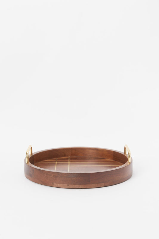 Redtag-Brown-Wooden-Round-Tray-With-Brass-Wire-Embellishment-With-Gold-Aluminum-Handles-Category:Trays,-Colour:Brown,-Deals:New-In,-Dept:Home,-Filter:Home-Dining,-H1:HMW,-H2:DIN,-H3:SEW,-H4:SSI,-HMW-DIN-Serveware,-New-In-HMW-DIN,-Non-Sale,-S23B,-Season:S23B,-Section:Homewares-Home-Dining-