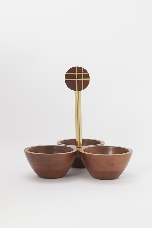 Redtag-Brown-Wooden-Round-Three-Section-Bowls-With-Brass-Wire-Embellishment-And-Gold-Aluminum-Handles-Category:Bowls,-Colour:Brown,-Deals:New-In,-Dept:Home,-Filter:Home-Dining,-H1:HMW,-H2:DIN,-H3:SEW,-H4:SSI,-HMW-DIN-Serveware,-New-In-HMW-DIN,-Non-Sale,-S23B,-Season:S23B,-Section:Homewares-Home-Dining-