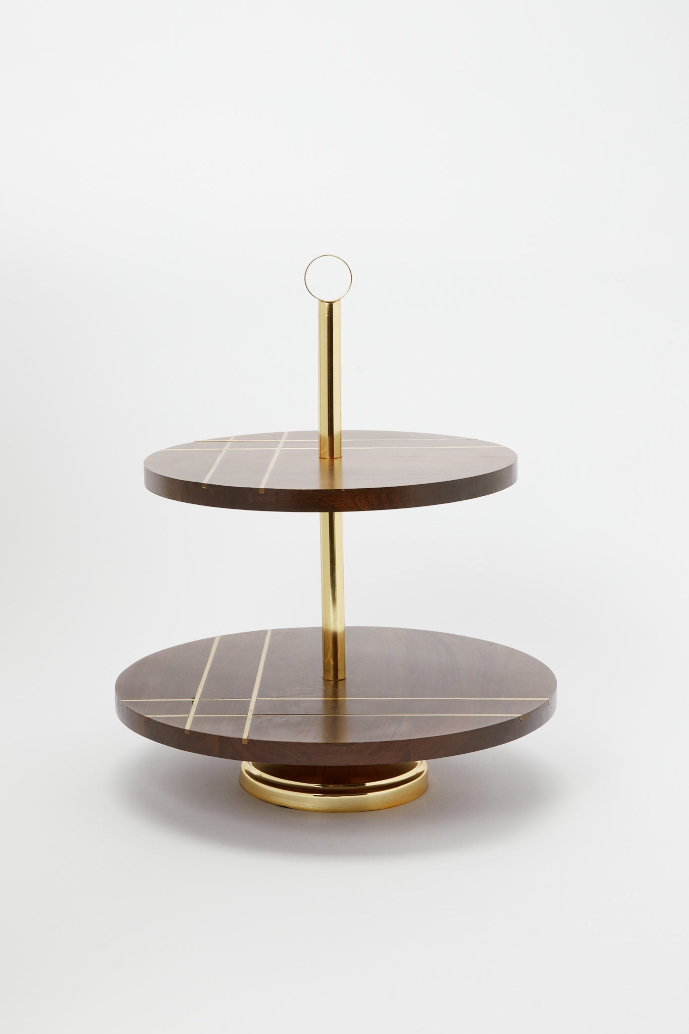 Redtag-Brown-Wooden-Round-Two-Tier-With-Brass-Wire-Embellishment-With-Gold-Aluminum-Handle-Category:2-Tier-Stand,-Colour:Brown,-Deals:New-In,-Dept:Home,-Filter:Home-Dining,-H1:HMW,-H2:DIN,-H3:SEW,-H4:SSI,-HMW-DIN-Serveware,-New-In-HMW-DIN,-Non-Sale,-Promo:STELLA,-RMD,-S23B,-Season:S23B,-Section:Homewares,-Style:TRAY-MDF-/-WOOD-Home-Dining-