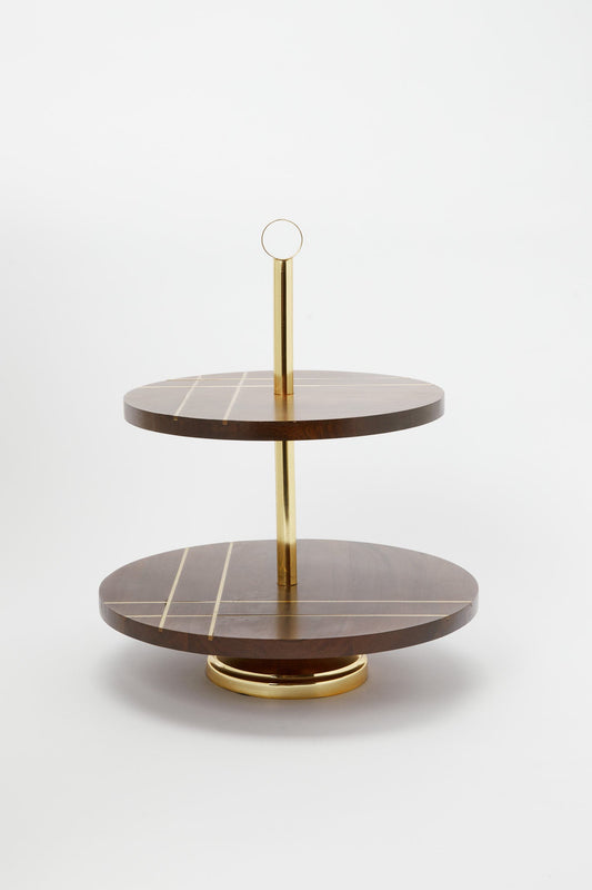 Redtag-Brown-Wooden-Round-Two-Tier-With-Brass-Wire-Embellishment-With-Gold-Aluminum-Handle-Category:2-Tier-Stand,-Colour:Brown,-Deals:New-In,-Dept:Home,-Filter:Home-Dining,-H1:HMW,-H2:DIN,-H3:SEW,-H4:SSI,-HMW-DIN-Serveware,-New-In-HMW-DIN,-Non-Sale,-Promo:STELLA,-RMD,-S23B,-Season:S23B,-Section:Homewares,-Style:TRAY-MDF-/-WOOD-Home-Dining-