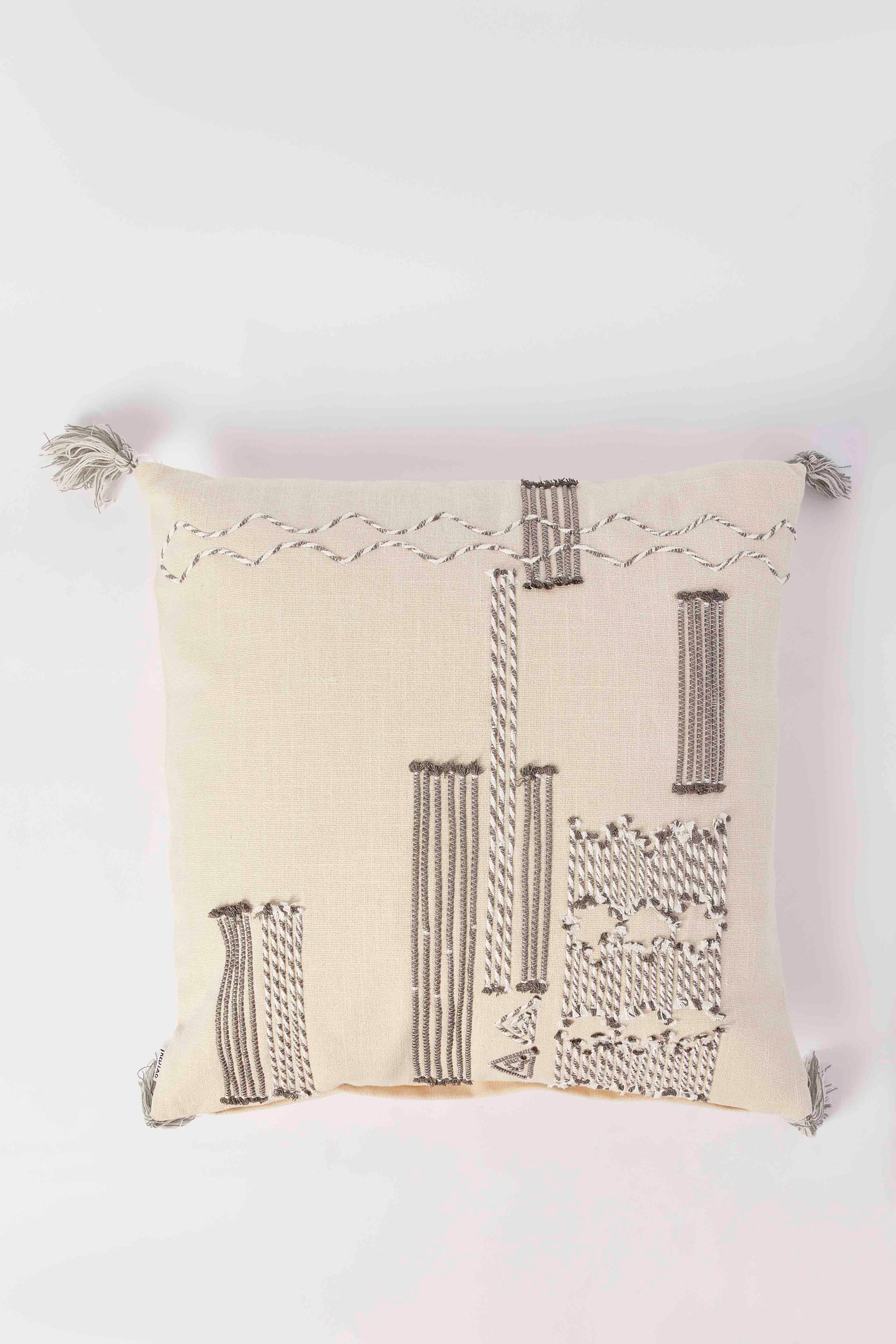 Redtag-Grey/White-Embroidery-Cushion-With-Tassel-Category:Cushions,-Colour:Grey,-Deals:New-In,-Dept:Home,-Filter:Home-Bedroom,-HMW-BED-Cushions,-New-In-HMW-BED,-Non-Sale,-S23A,-Section:Homewares-Home-Bedroom-
