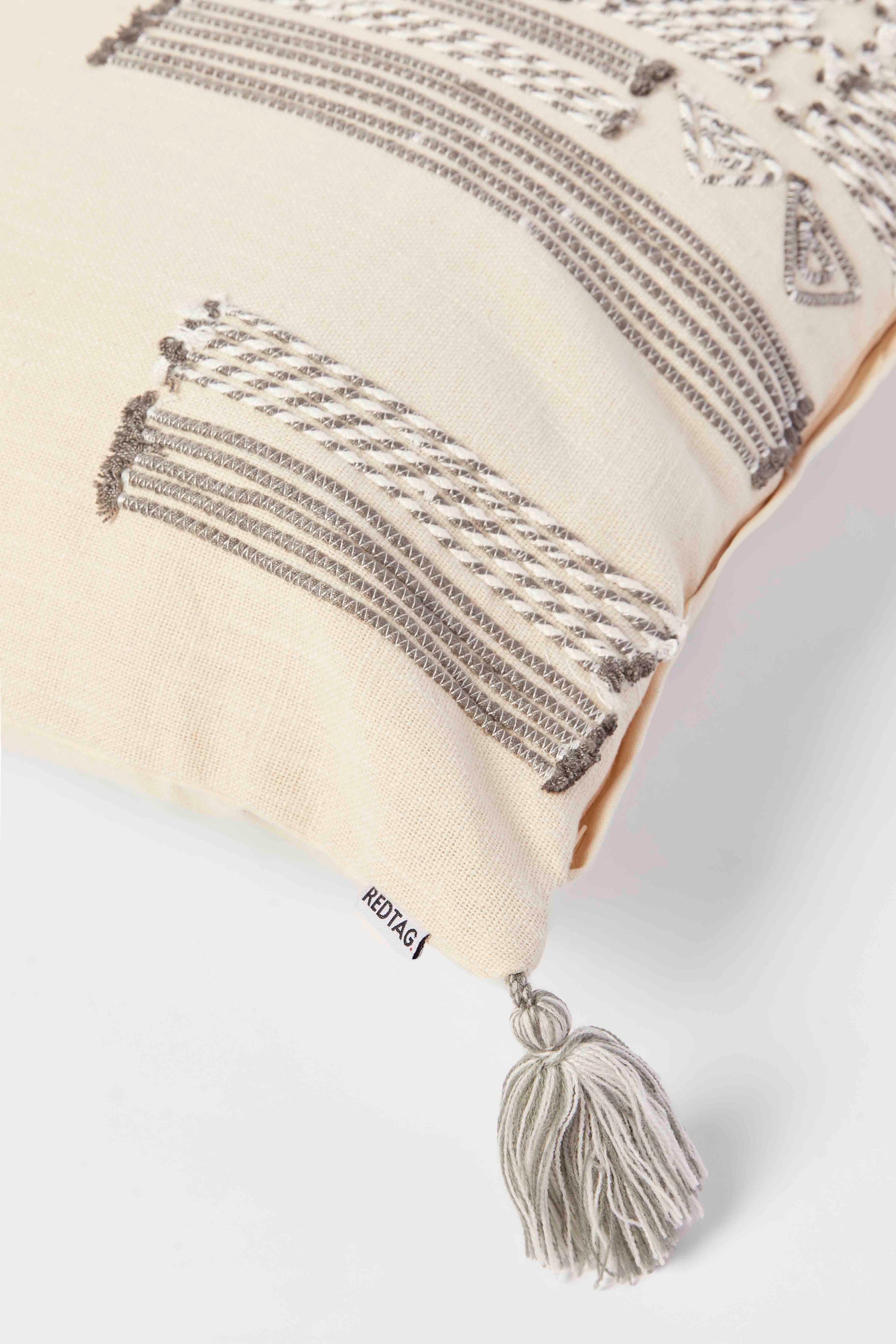 Redtag-Grey/White-Embroidery-Cushion-With-Tassel-Category:Cushions,-Colour:Grey,-Deals:New-In,-Dept:Home,-Filter:Home-Bedroom,-HMW-BED-Cushions,-New-In-HMW-BED,-Non-Sale,-S23A,-Section:Homewares-Home-Bedroom-