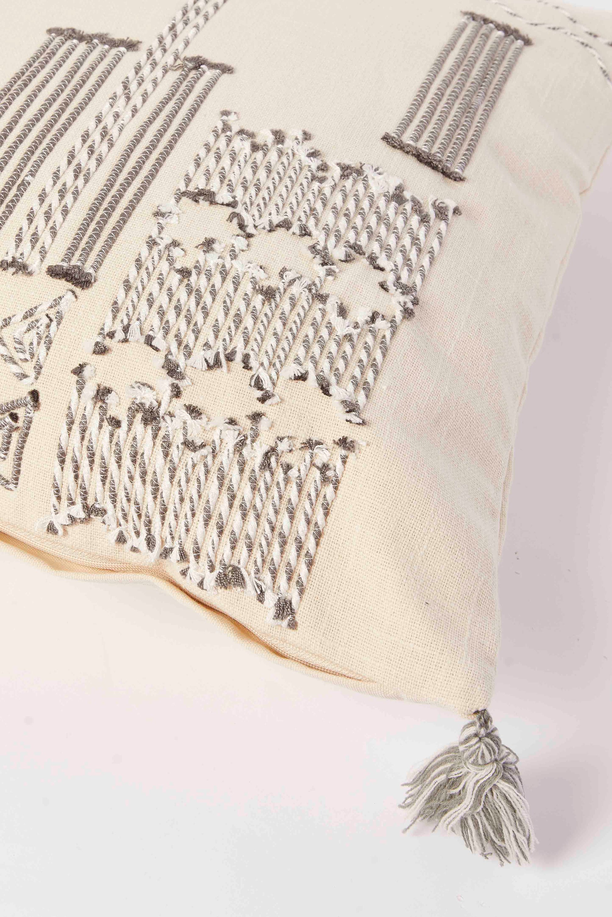 Redtag-Grey/White-Embroidery-Cushion-With-Tassel-Category:Cushions,-Colour:Grey,-Deals:New-In,-Dept:Home,-Filter:Home-Bedroom,-HMW-BED-Cushions,-New-In-HMW-BED,-Non-Sale,-S23A,-Section:Homewares-Home-Bedroom-