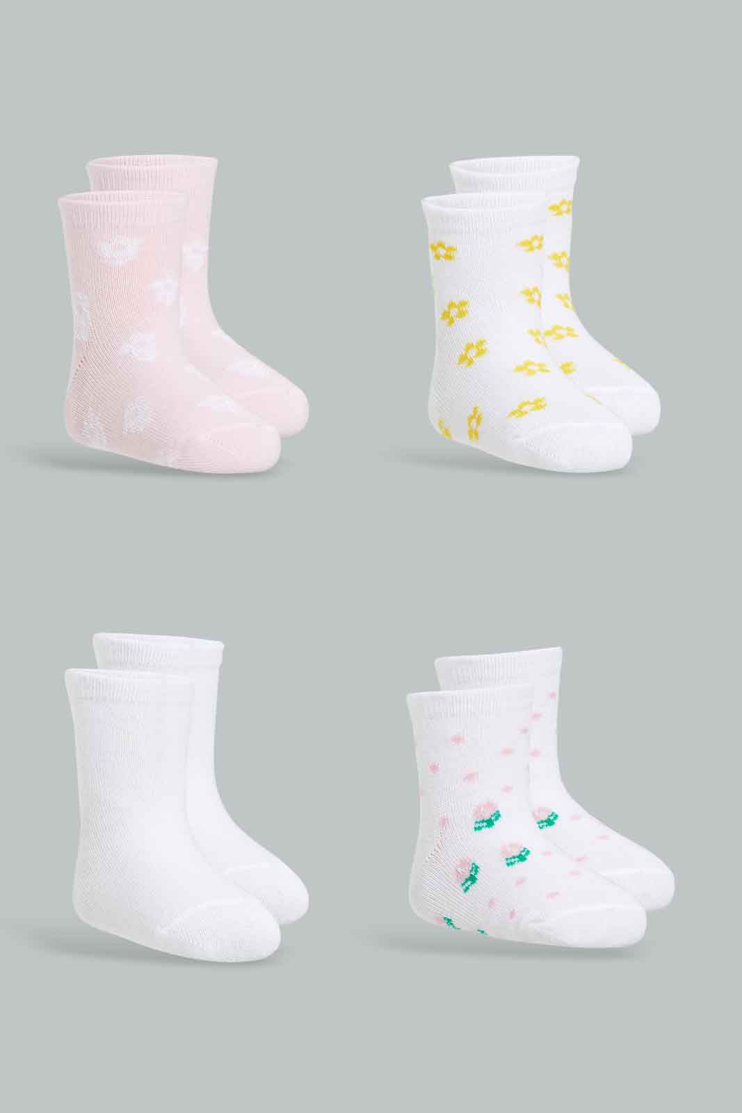 Redtag-Girls-4-Pack-White-And-Pink-Flowers-365,-Category:Socks,-Colour:Apricot,-Deals:New-In,-Filter:Infant-Girls-(3-to-24-Mths),-ING-Socks,-New-In-ING-APL,-Non-Sale,-Section:Girls-(0-to-14Yrs)-Infant-Girls-3 to 24 Months