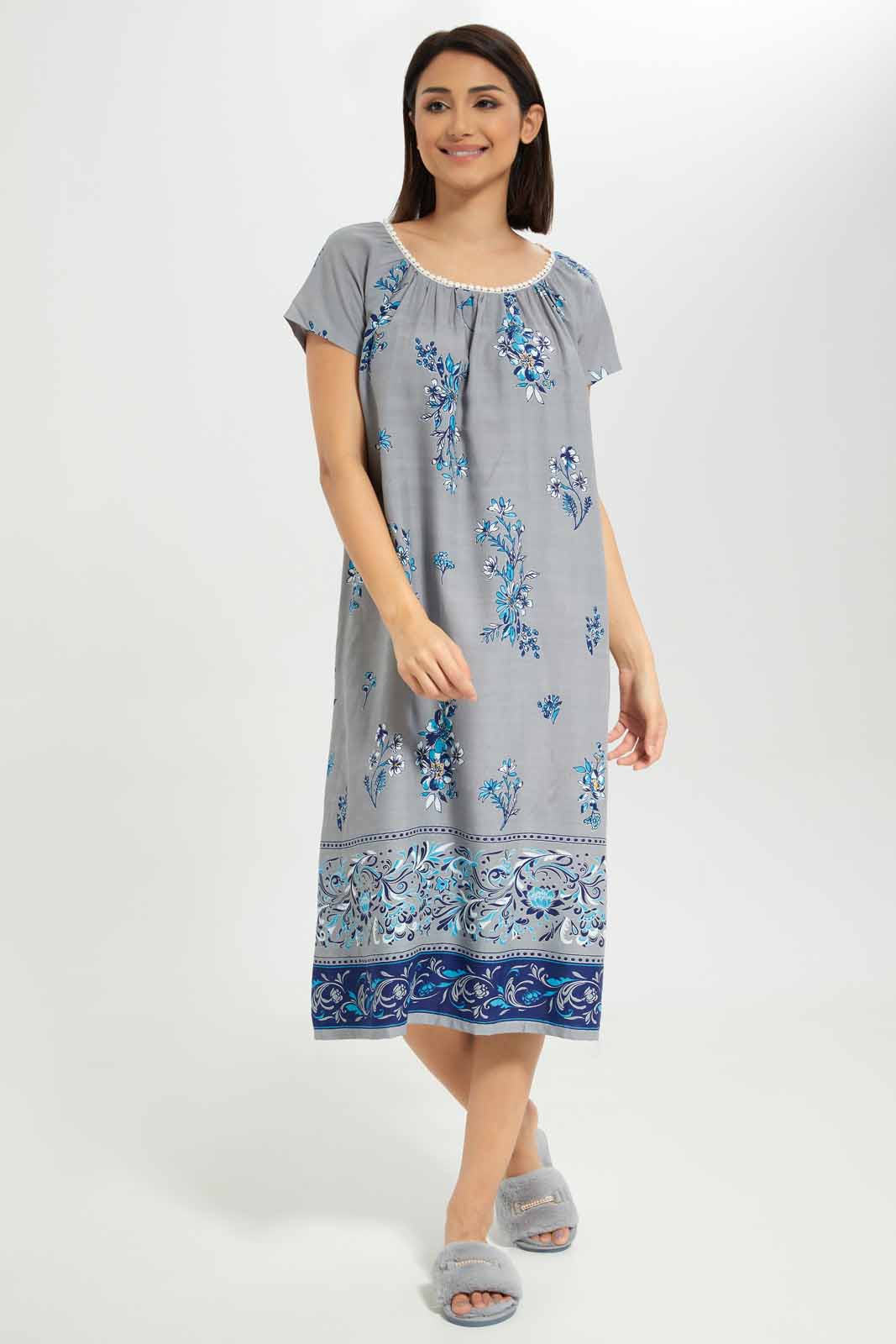 Redtag-Women-Grey-Aop-Short-Sleeves-Nightgown-Category:Nightgowns,-Colour:Grey,-Deals:New-In,-Dept:Ladieswear,-Filter:Women's-Clothing,-New-In-Women-APL,-Non-Sale,-S23A,-Section:Women,-Women-Nightgowns--