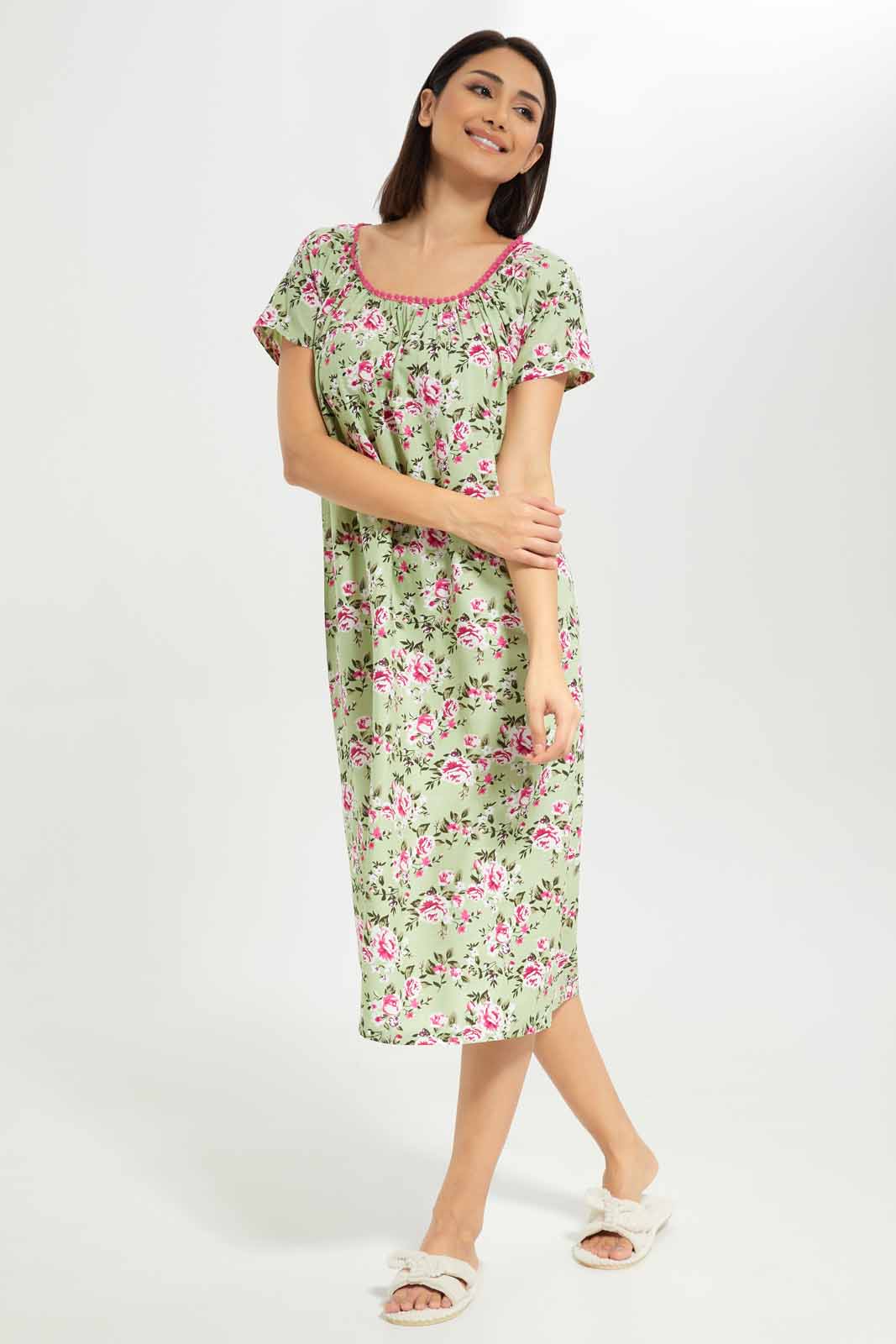 Redtag-Women-Green-Aop-Short-Sleeves-Nightgown-Category:Nightgowns,-Colour:Green,-Deals:New-In,-Dept:Ladieswear,-Filter:Women's-Clothing,-New-In-Women-APL,-Non-Sale,-S23A,-Section:Women,-Women-Nightgowns--