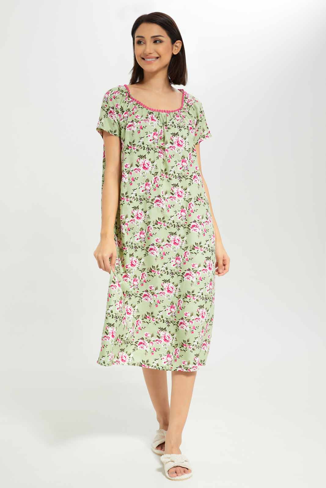 Redtag-Women-Green-Aop-Short-Sleeves-Nightgown-Category:Nightgowns,-Colour:Green,-Deals:New-In,-Dept:Ladieswear,-Filter:Women's-Clothing,-New-In-Women-APL,-Non-Sale,-S23A,-Section:Women,-Women-Nightgowns--