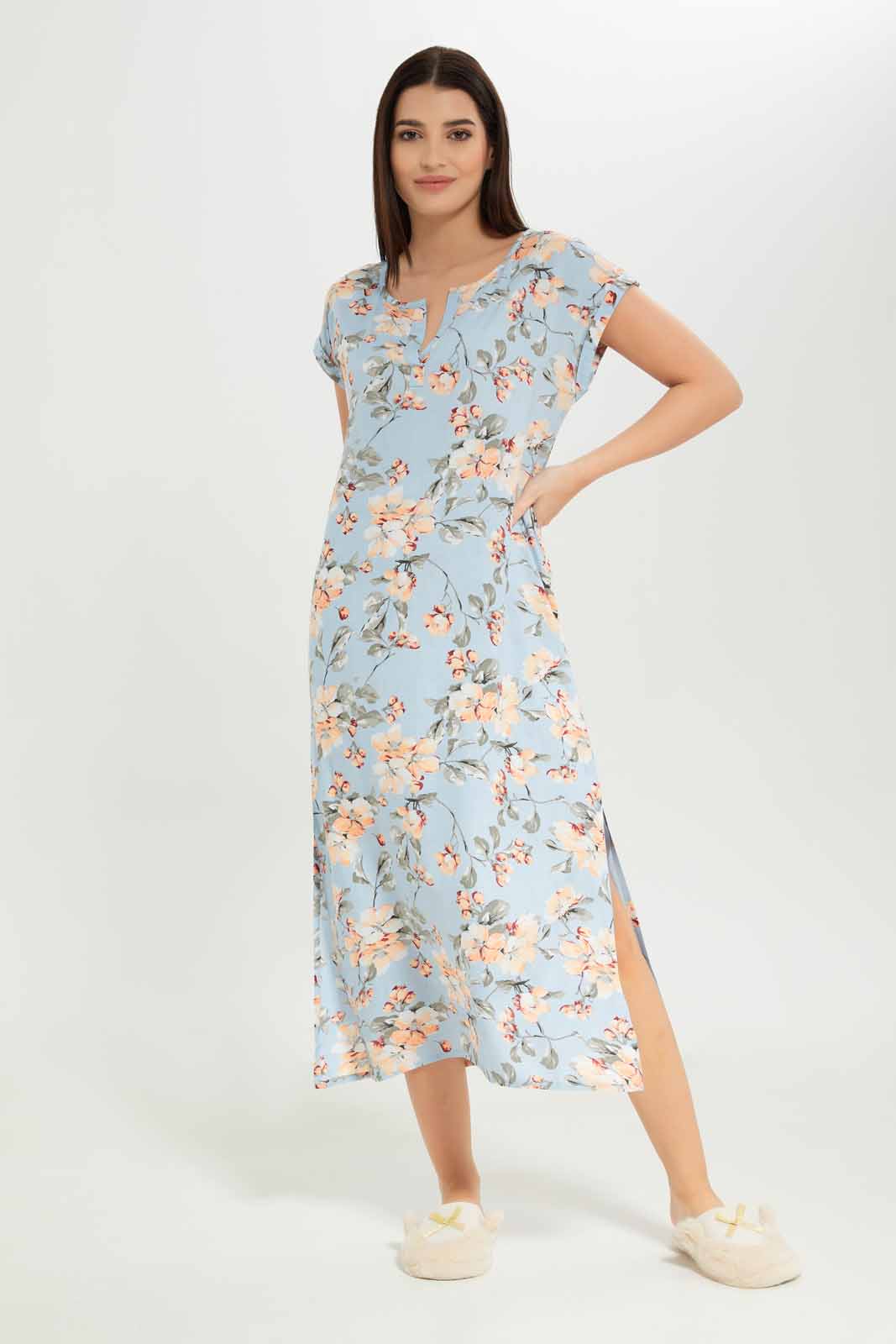 Redtag-Women-Blue-Aop-Short-Sleeves-Nightgown-Category:Nightgowns,-Colour:Blue,-Deals:New-In,-Dept:Ladieswear,-Filter:Women's-Clothing,-New-In-Women-APL,-Non-Sale,-S23A,-Section:Women,-Women-Nightgowns--