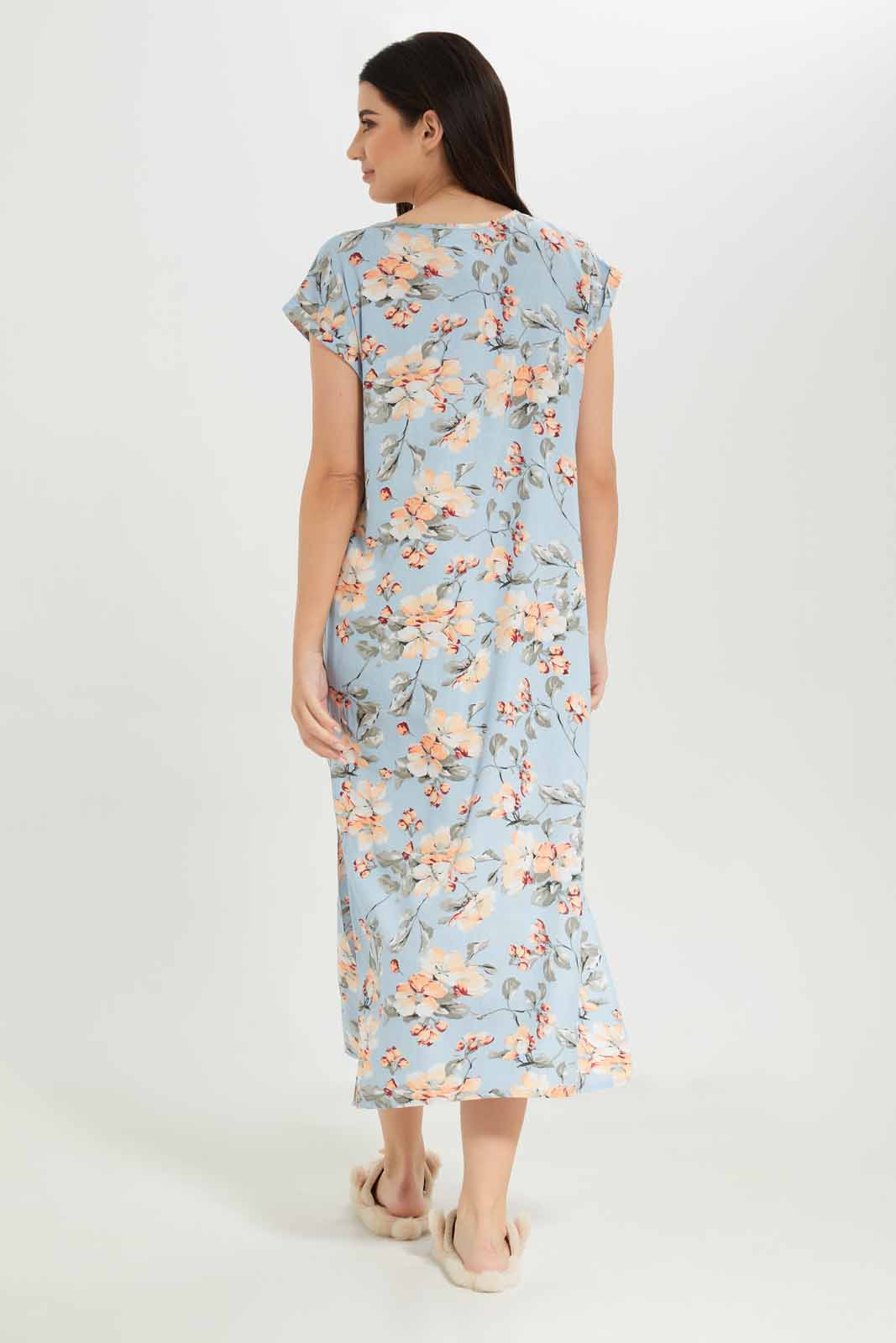 Redtag-Women-Blue-Aop-Short-Sleeves-Nightgown-Category:Nightgowns,-Colour:Blue,-Deals:New-In,-Dept:Ladieswear,-Filter:Women's-Clothing,-New-In-Women-APL,-Non-Sale,-S23A,-Section:Women,-Women-Nightgowns--