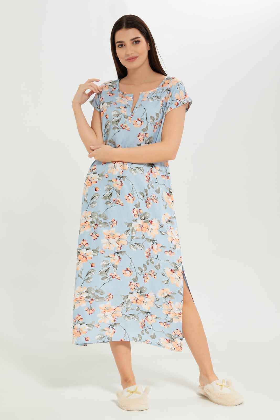 Redtag-Women-Blue-Aop-Short-Sleeves-Nightgown-Category:Nightgowns,-Colour:Blue,-Deals:New-In,-Dept:Ladieswear,-Filter:Women's-Clothing,-New-In-Women-APL,-Non-Sale,-S23A,-Section:Women,-Women-Nightgowns--