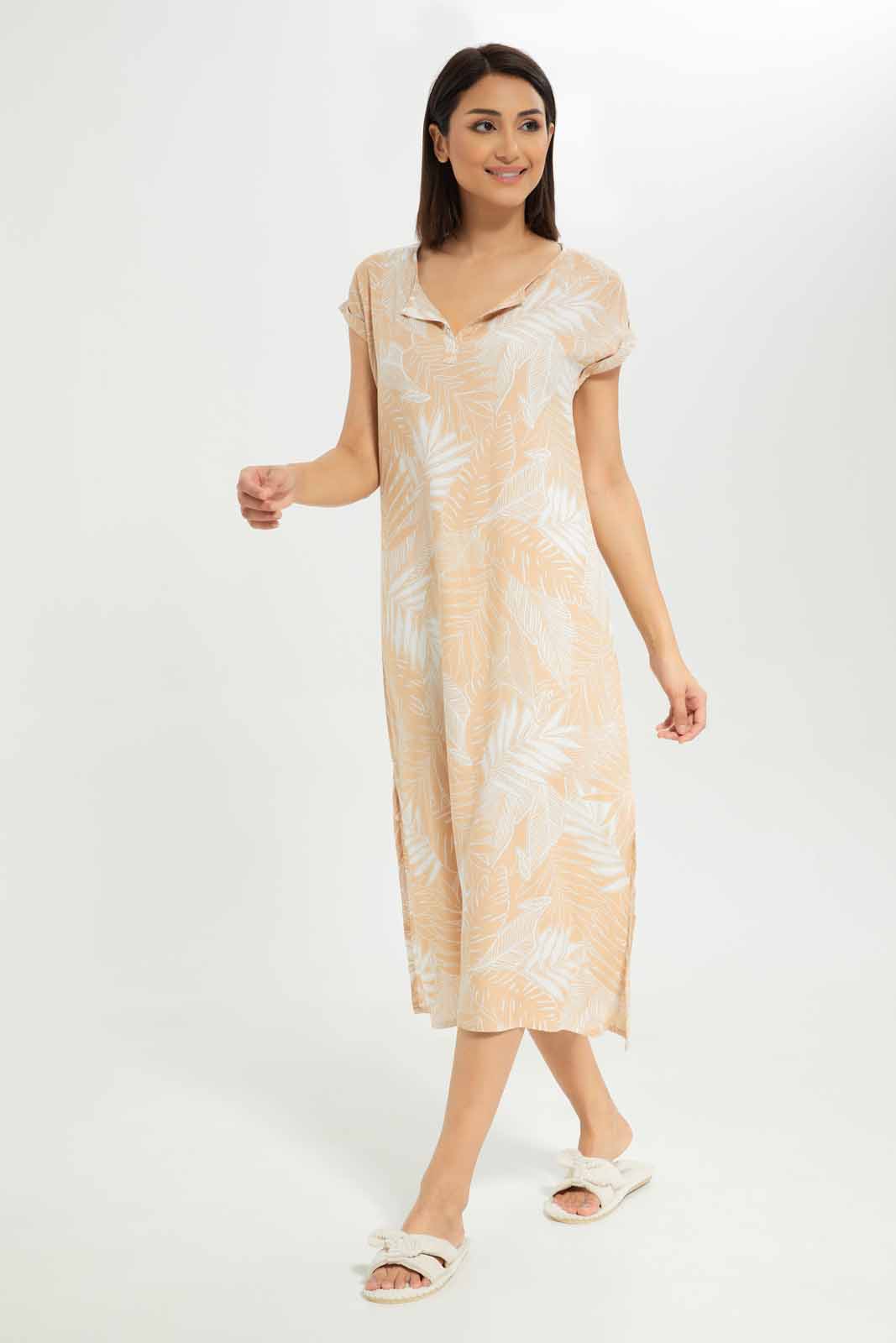 Redtag-Women-Beige-Aop-Short-Sleeves-Nightgown-Category:Nightgowns,-Colour:Beige,-Deals:New-In,-Dept:Ladieswear,-Filter:Women's-Clothing,-New-In-Women-APL,-Non-Sale,-S23A,-Section:Women,-Women-Nightgowns--