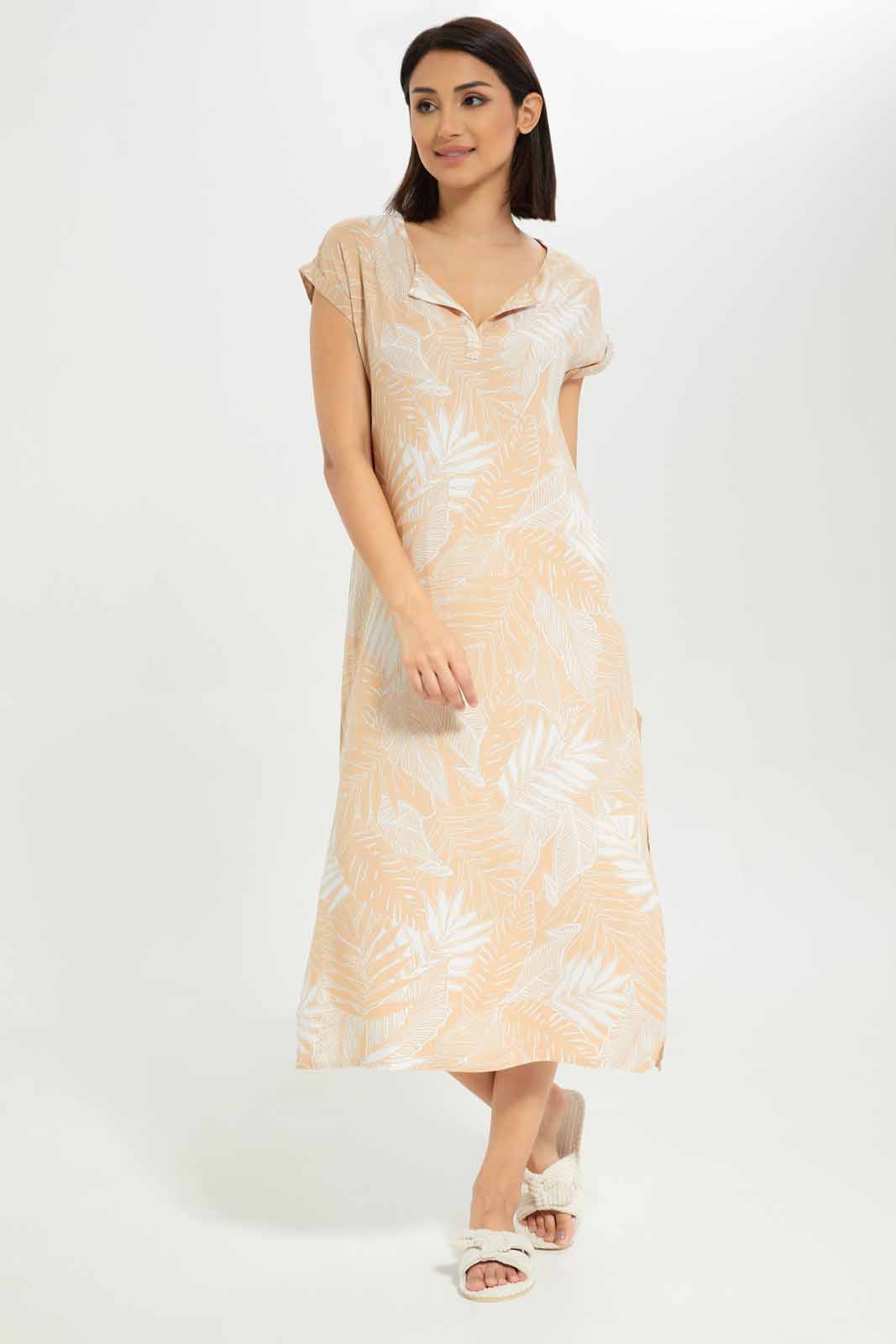 Redtag-Women-Beige-Aop-Short-Sleeves-Nightgown-Category:Nightgowns,-Colour:Beige,-Deals:New-In,-Dept:Ladieswear,-Filter:Women's-Clothing,-New-In-Women-APL,-Non-Sale,-S23A,-Section:Women,-Women-Nightgowns--