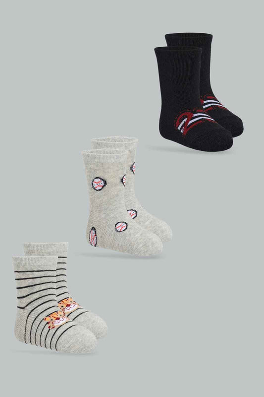 Redtag-Boys-Pack-Of-3-Assorted---Grey,-Dk.-Grey-W/-Football-And-Black-W-23-365,-Category:Socks,-Colour:Black,-Deals:New-In,-Filter:Infant-Boys-(3-to-24-Mths),-INB-Socks,-New-In-INB-APL,-Non-Sale,-Section:Boys-(0-to-14Yrs)-Infant-Boys-3 to 24 Months
