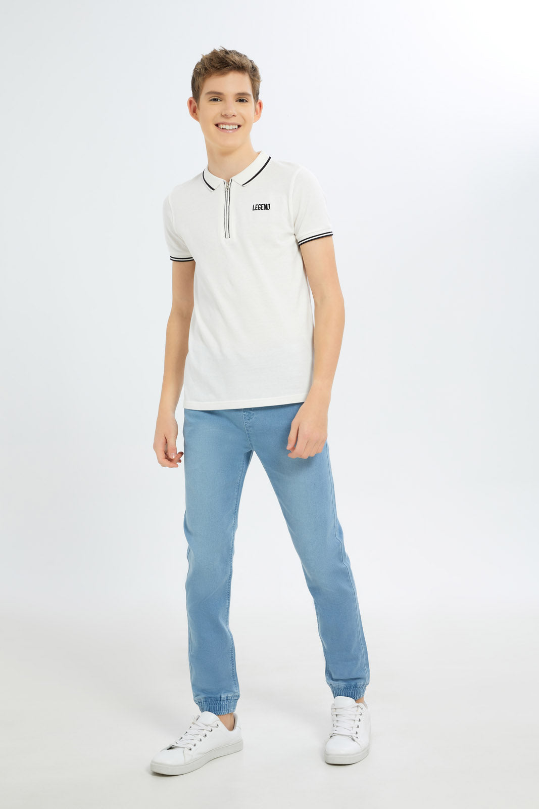 Redtag-Boys-White-Zip-Neck-Polo-BSR-Polo-T-Shirts,-Category:Polo-T-Shirts,-Colour:White,-Deals:New-In,-Dept:Boys,-Filter:Senior-Boys-(8-to-14-Yrs),-H1:KWR,-H2:BSR,-H3:TSH,-H4:POS,-New-In-BSR-APL,-Non-Sale,-S23B,-Season:S23B,-Section:Boys-(0-to-14Yrs)-Senior-Boys-9 to 14 Years
