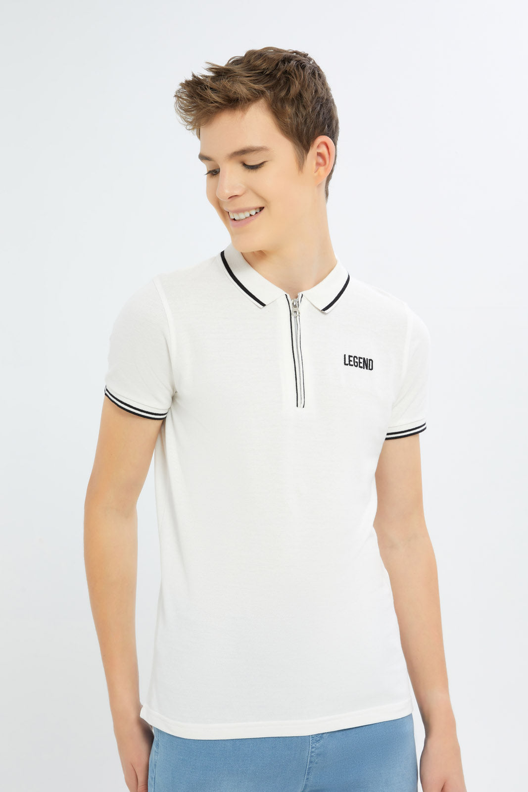 Redtag-Boys-White-Zip-Neck-Polo-BSR-Polo-T-Shirts,-Category:Polo-T-Shirts,-Colour:White,-Deals:New-In,-Dept:Boys,-Filter:Senior-Boys-(8-to-14-Yrs),-H1:KWR,-H2:BSR,-H3:TSH,-H4:POS,-New-In-BSR-APL,-Non-Sale,-S23B,-Season:S23B,-Section:Boys-(0-to-14Yrs)-Senior-Boys-9 to 14 Years