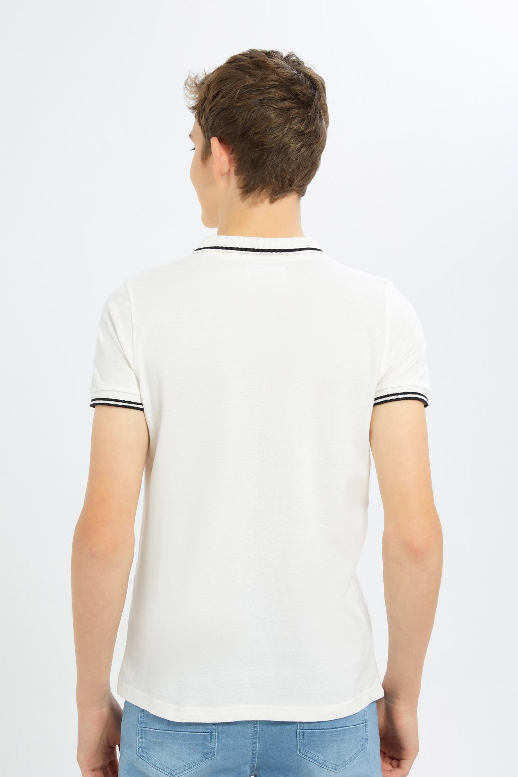 Redtag-Boys-White-Zip-Neck-Polo-BSR-Polo-T-Shirts,-Category:Polo-T-Shirts,-Colour:White,-Deals:New-In,-Dept:Boys,-Filter:Senior-Boys-(8-to-14-Yrs),-H1:KWR,-H2:BSR,-H3:TSH,-H4:POS,-New-In-BSR-APL,-Non-Sale,-S23B,-Season:S23B,-Section:Boys-(0-to-14Yrs)-Senior-Boys-9 to 14 Years