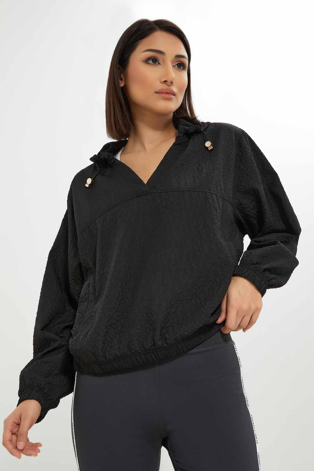 Redtag-Women-Black-Zipthrough-Hoodie-Textured-Sweatshirt-Category:Sweatshirts,-Colour:Black,-Deals:New-In,-Dept:Ladieswear,-Filter:Women's-Clothing,-New-In-Women-APL,-Non-Sale,-S23A,-Section:Women,-Women-Sweatshirts-Women's-