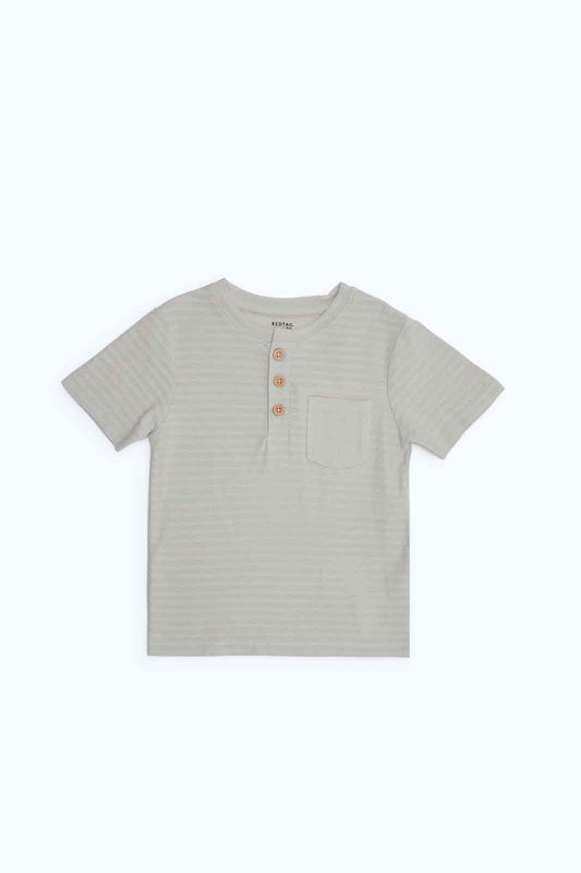 Redtag-Boys-Stone-Jacquard-Henley-Ss-Tee-Category:T-Shirts,-Colour:Beige,-Deals:New-In,-Dept:Boys,-Filter:Infant-Boys-(3-to-24-Mths),-INB-T-Shirts,-New-In-INB-APL,-Non-Sale,-S23B,-Section:Boys-(0-to-14Yrs),-TBL-Infant-Boys-3 to 24 Months