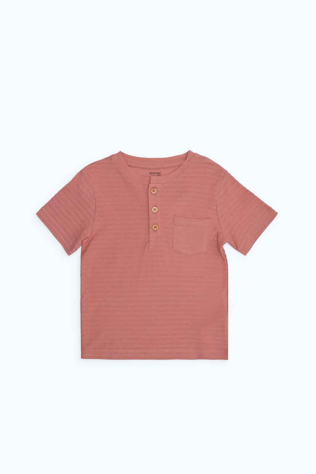 Redtag-Boys-Coral-Jacqaurd-Henley-Ss-Tee-Category:T-Shirts,-Colour:Red,-Deals:New-In,-Dept:Boys,-Filter:Infant-Boys-(3-to-24-Mths),-INB-T-Shirts,-New-In-INB-APL,-Non-Sale,-S23B,-Section:Boys-(0-to-14Yrs),-TBL-Infant-Boys-3 to 24 Months