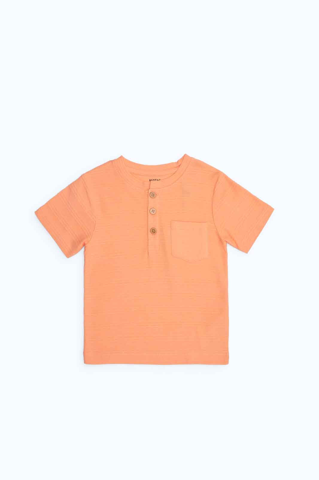 Redtag-Boys-Orange-Jacquard-Henley-Ss-Tee-Category:T-Shirts,-Colour:Orange,-Deals:New-In,-Dept:Boys,-Filter:Infant-Boys-(3-to-24-Mths),-INB-T-Shirts,-New-In-INB-APL,-Non-Sale,-S23B,-Section:Boys-(0-to-14Yrs),-TBL-Infant-Boys-3 to 24 Months