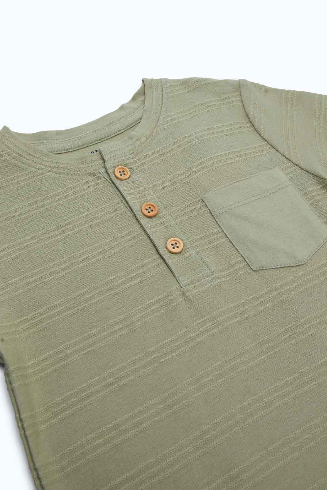 Redtag-Boys-Khaki-Jacquard-Henley-Ss-Tee-Category:T-Shirts,-Colour:Green,-Deals:New-In,-Dept:Boys,-Filter:Infant-Boys-(3-to-24-Mths),-INB-T-Shirts,-New-In-INB-APL,-Non-Sale,-S23B,-Section:Boys-(0-to-14Yrs),-TBL-Infant-Boys-3 to 24 Months
