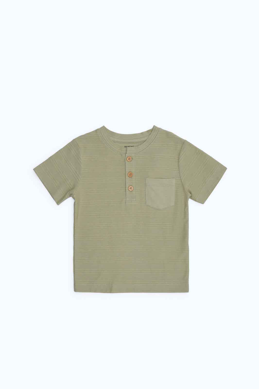 Redtag-Boys-Khaki-Jacquard-Henley-Ss-Tee-Category:T-Shirts,-Colour:Green,-Deals:New-In,-Dept:Boys,-Filter:Infant-Boys-(3-to-24-Mths),-INB-T-Shirts,-New-In-INB-APL,-Non-Sale,-S23B,-Section:Boys-(0-to-14Yrs),-TBL-Infant-Boys-3 to 24 Months
