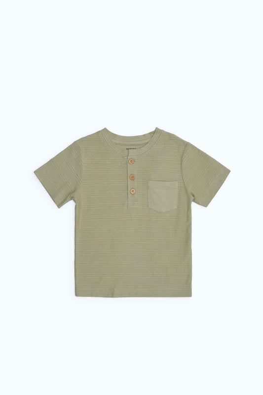 Redtag-Boys-Khaki-Jacquard-Henley-Ss-Tee-Category:T-Shirts,-Colour:Green,-Deals:New-In,-Dept:Boys,-Filter:Infant-Boys-(3-to-24-Mths),-INB-T-Shirts,-New-In-INB-APL,-Non-Sale,-S23B,-Section:Boys-(0-to-14Yrs),-TBL-Infant-Boys-3 to 24 Months