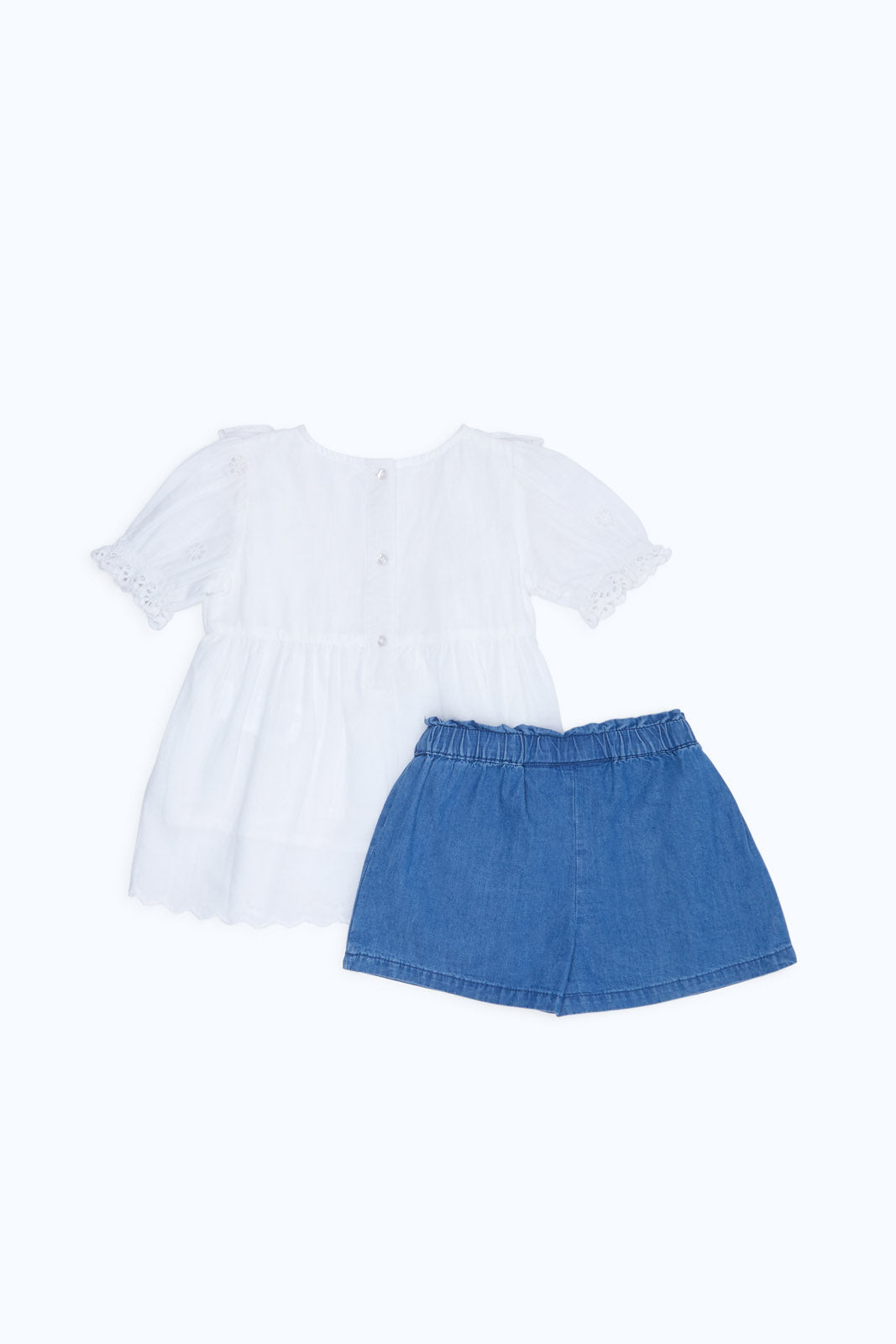 Redtag-Girls-White-Schifly-Top-With-Denim-Short-Category:Sets,-Colour:White,-Deals:New-In,-Dept:Girls,-Filter:Infant-Girls-(3-to-24-Mths),-H1:KWR,-H2:ING,-H3:SET,-H4:CAE,-ING-Sets,-New-In-ING-APL,-Non-Sale,-Packs,-S23B,-Season:S23B,-Section:Girls-(0-to-14Yrs),-Set:Set-of-2-Infant-Girls-3 to 24 Months