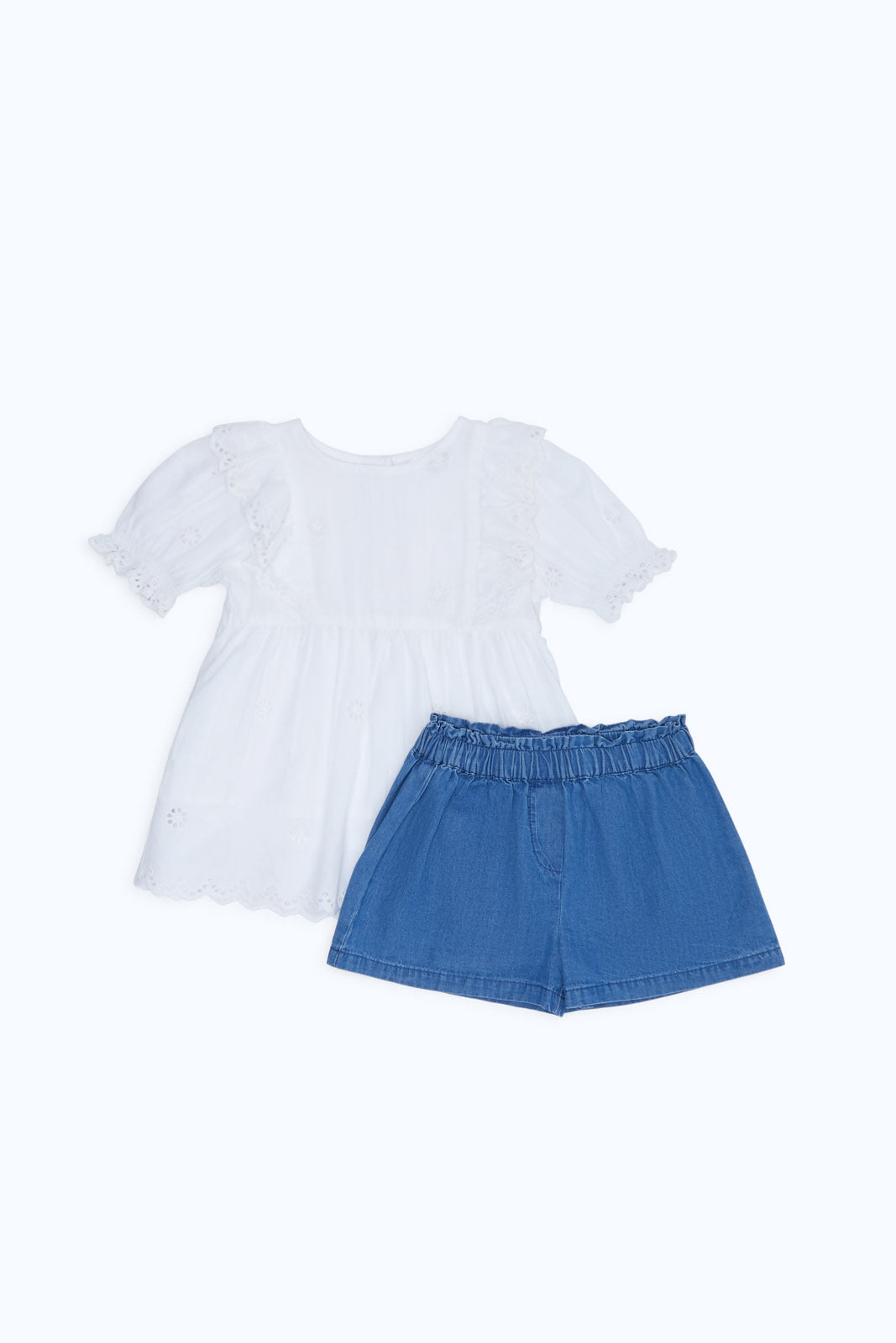 Redtag-Girls-White-Schifly-Top-With-Denim-Short-Category:Sets,-Colour:White,-Deals:New-In,-Dept:Girls,-Filter:Infant-Girls-(3-to-24-Mths),-H1:KWR,-H2:ING,-H3:SET,-H4:CAE,-ING-Sets,-New-In-ING-APL,-Non-Sale,-Packs,-S23B,-Season:S23B,-Section:Girls-(0-to-14Yrs),-Set:Set-of-2-Infant-Girls-3 to 24 Months