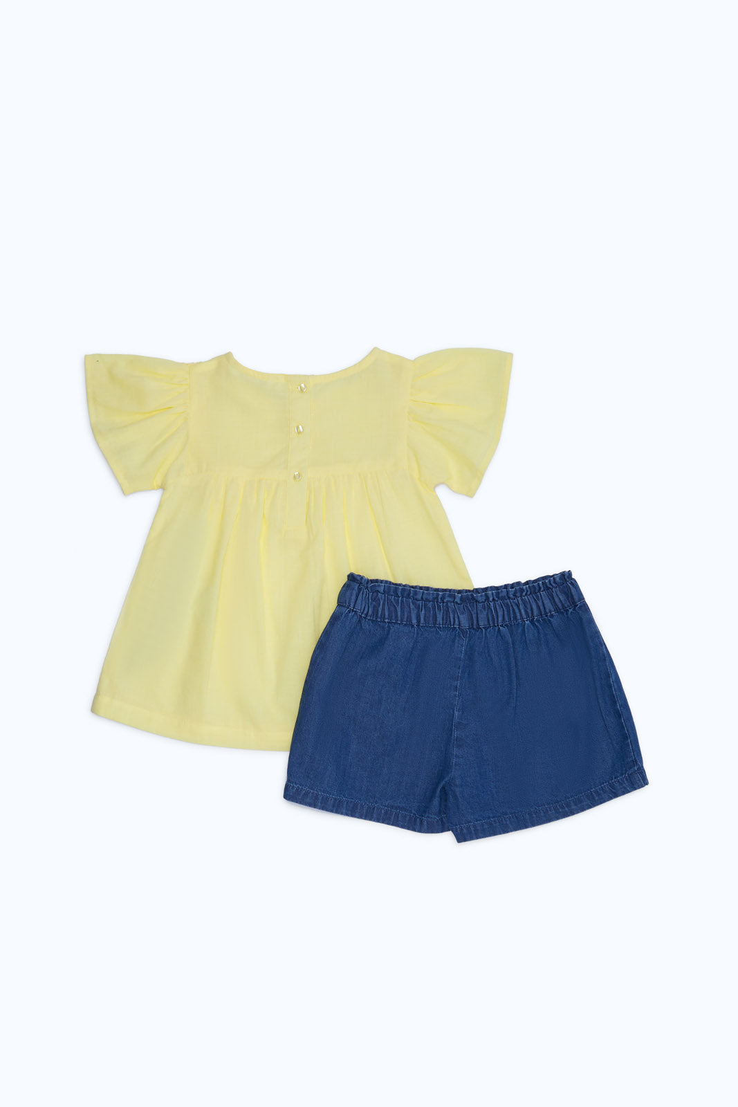 Redtag-Girls-Yellow-Bell-Sleeve-Top-With-Denim-Short-Category:Sets,-Colour:Yellow,-Deals:New-In,-Dept:Girls,-Filter:Infant-Girls-(3-to-24-Mths),-H1:KWR,-H2:ING,-H3:SET,-H4:CAE,-ING-Sets,-New-In-ING-APL,-Non-Sale,-Packs,-S23B,-Season:S23B,-Section:Girls-(0-to-14Yrs),-Set:Set-of-2-Infant-Girls-3 to 24 Months