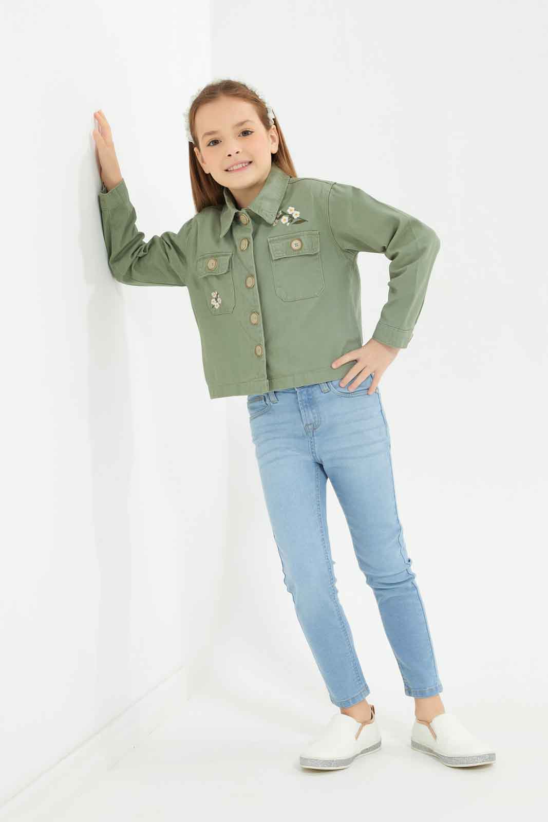 Redtag-Girls-Olive-Jacket-W/-Embro-Category:Jackets,-Colour:Green,-Deals:New-In,-Dept:Girls,-Filter:Girls-(2-to-8-Yrs),-GIR-Jackets,-New-In-GIR-APL,-Non-Sale,-S23A,-Section:Girls-(0-to-14Yrs)-Girls-2 to 8 Years