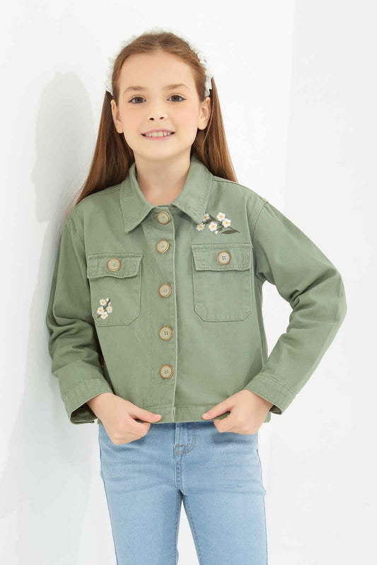 Redtag-Girls-Olive-Jacket-W/-Embro-Category:Jackets,-Colour:Green,-Deals:New-In,-Dept:Girls,-Filter:Girls-(2-to-8-Yrs),-GIR-Jackets,-New-In-GIR-APL,-Non-Sale,-S23A,-Section:Girls-(0-to-14Yrs)-Girls-2 to 8 Years