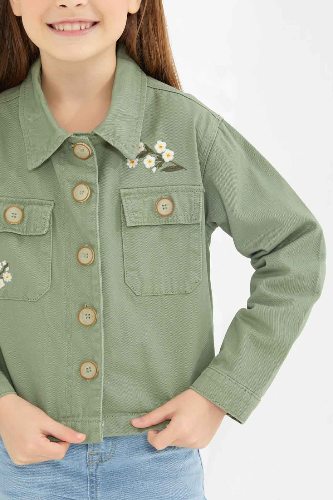 Redtag-Girls-Olive-Jacket-W/-Embro-Category:Jackets,-Colour:Green,-Deals:New-In,-Dept:Girls,-Filter:Girls-(2-to-8-Yrs),-GIR-Jackets,-New-In-GIR-APL,-Non-Sale,-S23A,-Section:Girls-(0-to-14Yrs)-Girls-2 to 8 Years