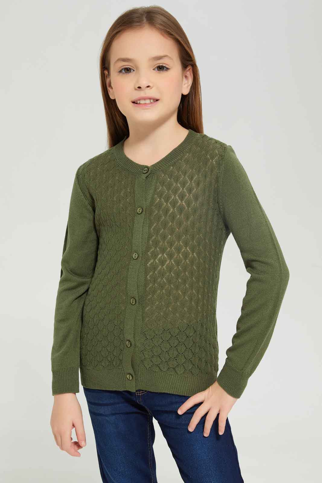 Girls Olive Long Sleeve Cardigans