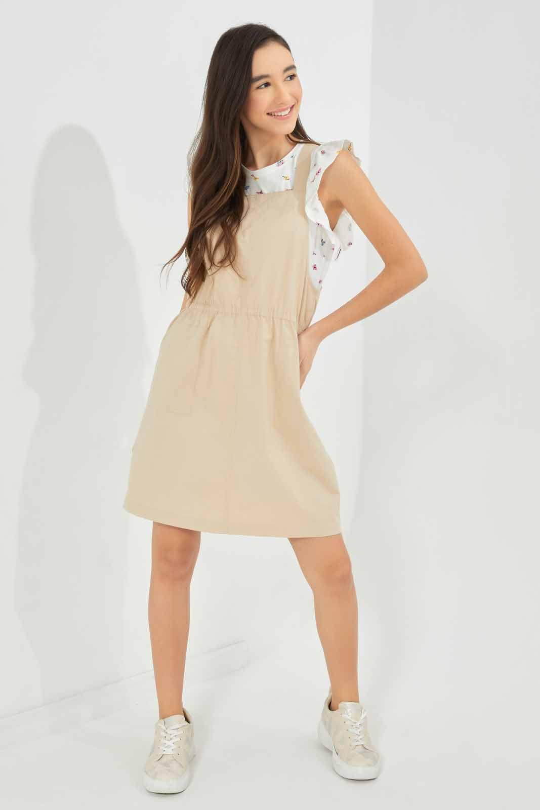 Redtag-Girls-Beige-Dungarees-Category:Dresses,-Colour:Beige,-Deals:New-In,-Dept:Girls,-Filter:Senior-Girls-(8-to-14-Yrs),-GSR-Dresses,-New-In-GSR-APL,-Non-Sale,-S23A,-Section:Girls-(0-to-14Yrs)-Senior-Girls-9 to 14 Years
