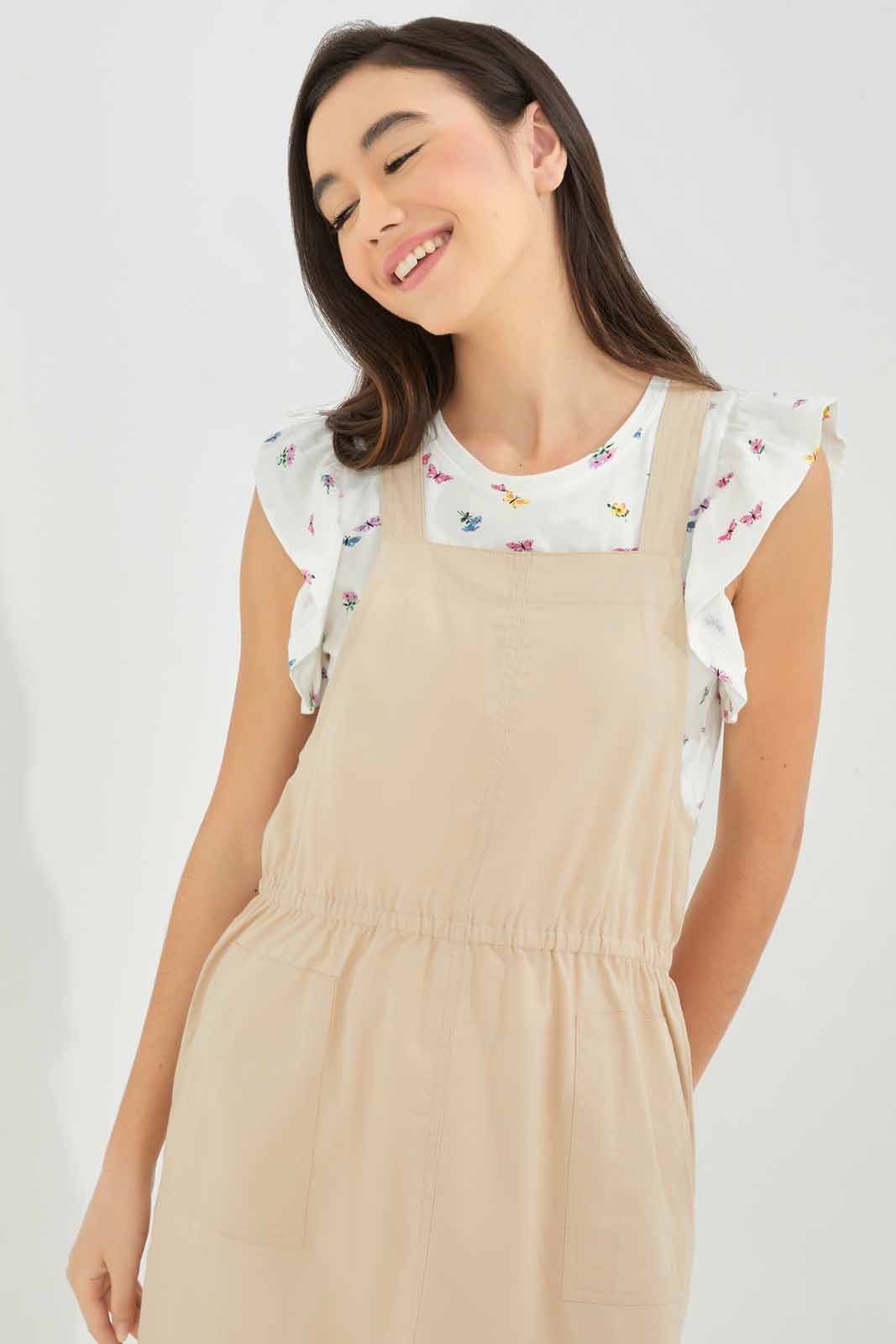 Redtag-Girls-Beige-Dungarees-Category:Dresses,-Colour:Beige,-Deals:New-In,-Dept:Girls,-Filter:Senior-Girls-(8-to-14-Yrs),-GSR-Dresses,-New-In-GSR-APL,-Non-Sale,-S23A,-Section:Girls-(0-to-14Yrs)-Senior-Girls-9 to 14 Years