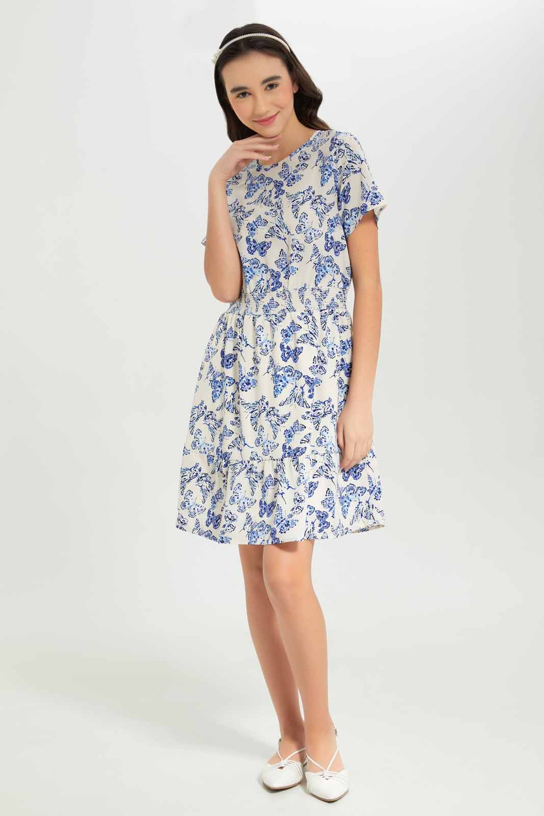 Redtag-Girls-White/Blue-Butterfly-Print-Dress-Category:Dresses,-Colour:White,-Deals:New-In,-Dept:Girls,-Filter:Senior-Girls-(8-to-14-Yrs),-GSR-Dresses,-New-In-GSR-APL,-Non-Sale,-S23A,-Section:Girls-(0-to-14Yrs)-Senior-Girls-