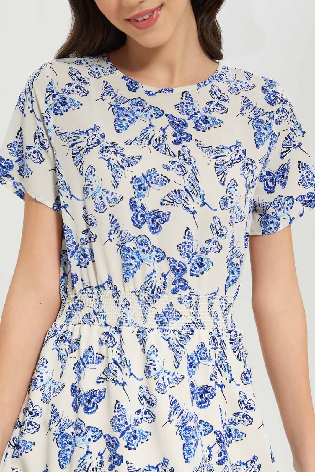 Redtag-Girls-White/Blue-Butterfly-Print-Dress-Category:Dresses,-Colour:White,-Deals:New-In,-Dept:Girls,-Filter:Senior-Girls-(8-to-14-Yrs),-GSR-Dresses,-New-In-GSR-APL,-Non-Sale,-S23A,-Section:Girls-(0-to-14Yrs)-Senior-Girls-