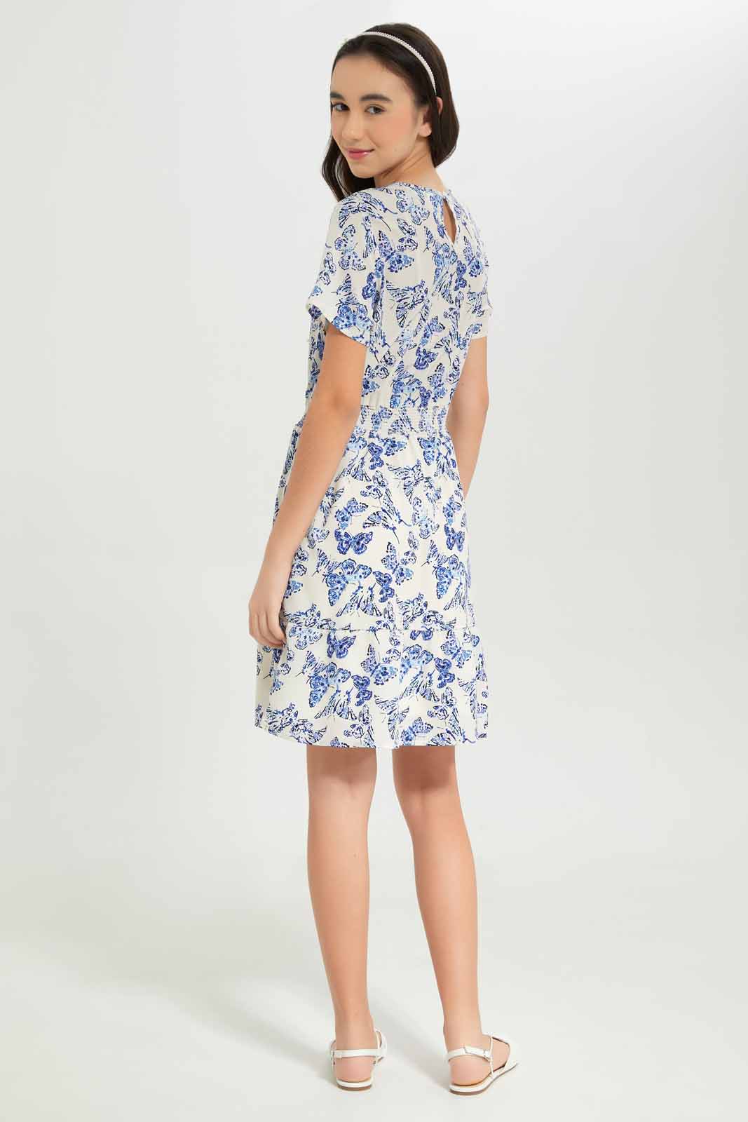 Redtag-Girls-White/Blue-Butterfly-Print-Dress-Category:Dresses,-Colour:White,-Deals:New-In,-Dept:Girls,-Filter:Senior-Girls-(8-to-14-Yrs),-GSR-Dresses,-New-In-GSR-APL,-Non-Sale,-S23A,-Section:Girls-(0-to-14Yrs)-Senior-Girls-