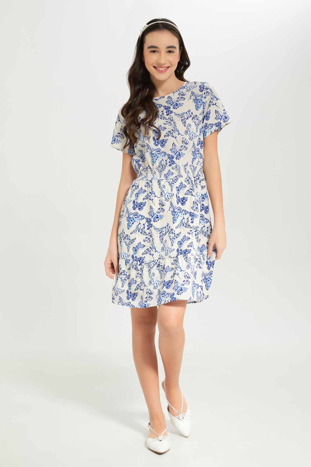 Redtag-Girls-White/Blue-Butterfly-Print-Dress-Category:Dresses,-Colour:White,-Deals:New-In,-Dept:Girls,-Filter:Senior-Girls-(8-to-14-Yrs),-GSR-Dresses,-New-In-GSR-APL,-Non-Sale,-S23A,-Section:Girls-(0-to-14Yrs)-Senior-Girls-